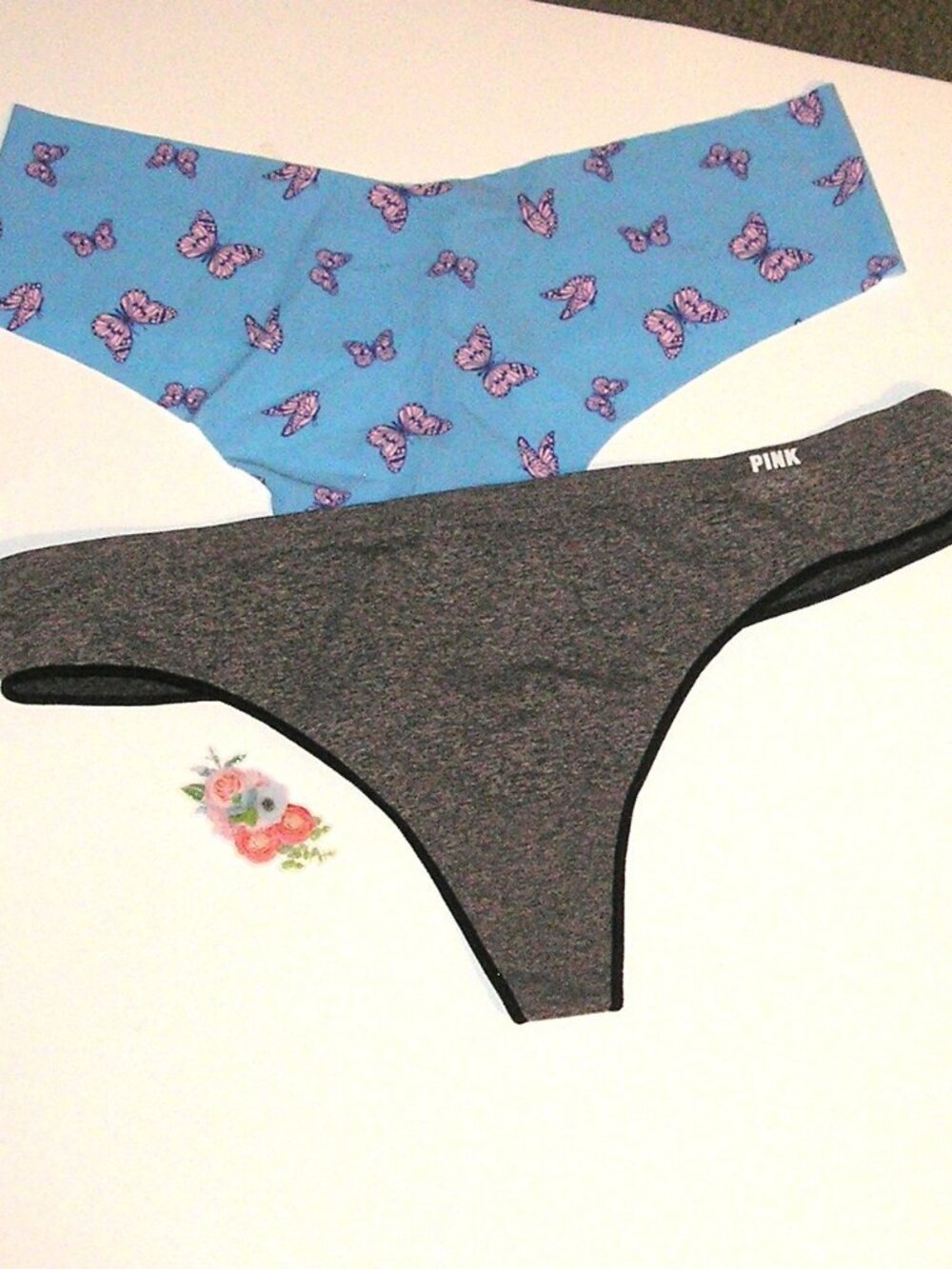 Set of 2 Victoria's Secret Pink- Gray & Butterfly Thong Panties Lingerie XXL